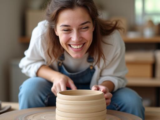 Élève souriant lors d'un atelier de poterie pour débutants.