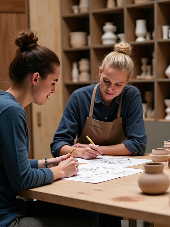 Artisan discutant d'un croquis de design avec un client.